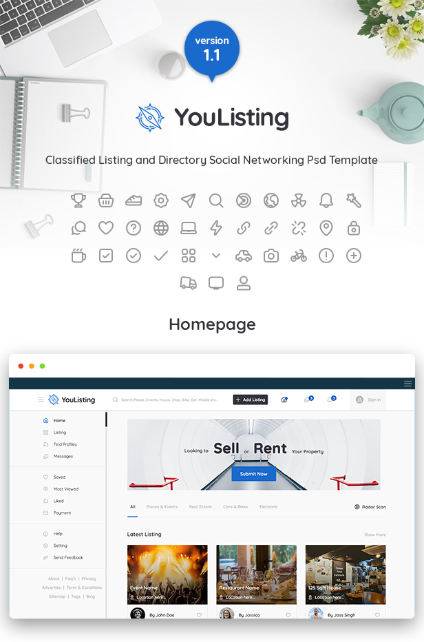 YouListing - Classified Listing and Directory Social Networking PSD Template